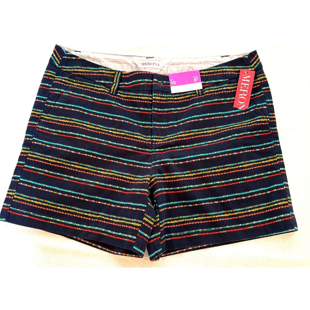 NWT!!! Merona Women Woven Shorts Stripe Print Size 10‎ Cotton Flat Front Pockets